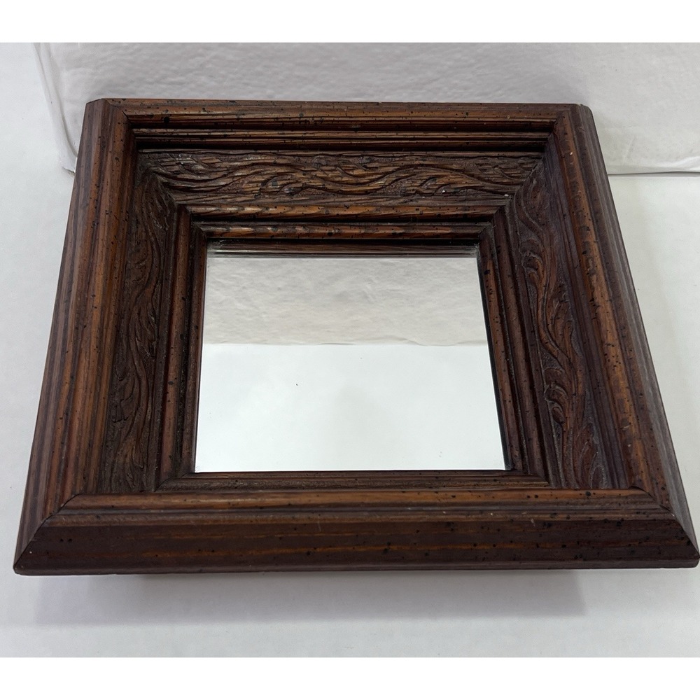 Carved Wood Square Wall Mirror 8x8 Brown Frame Diamond Hang Option - Picture 11 of 13